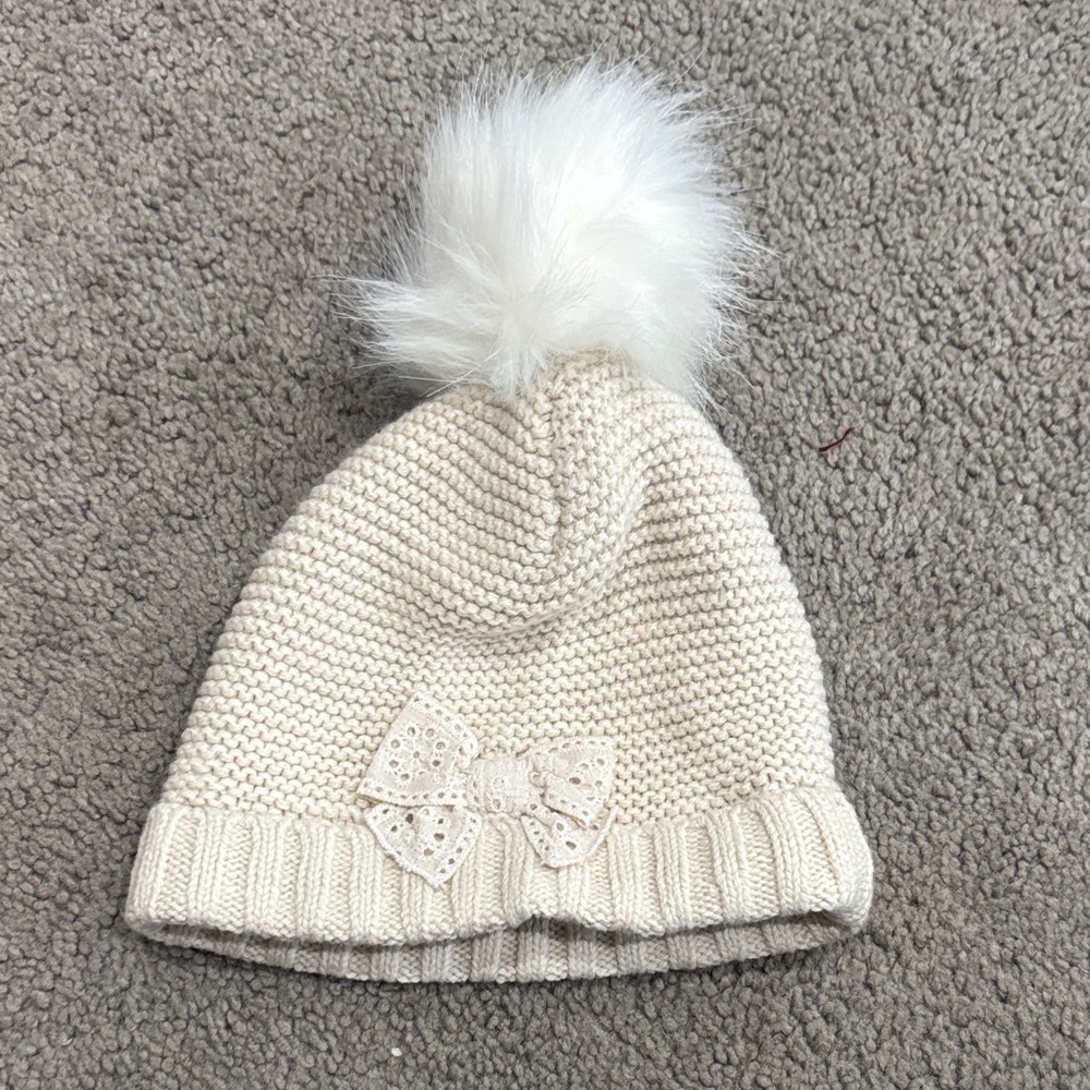 Cream Knit Pom-Pom Beanie for Baby Girl